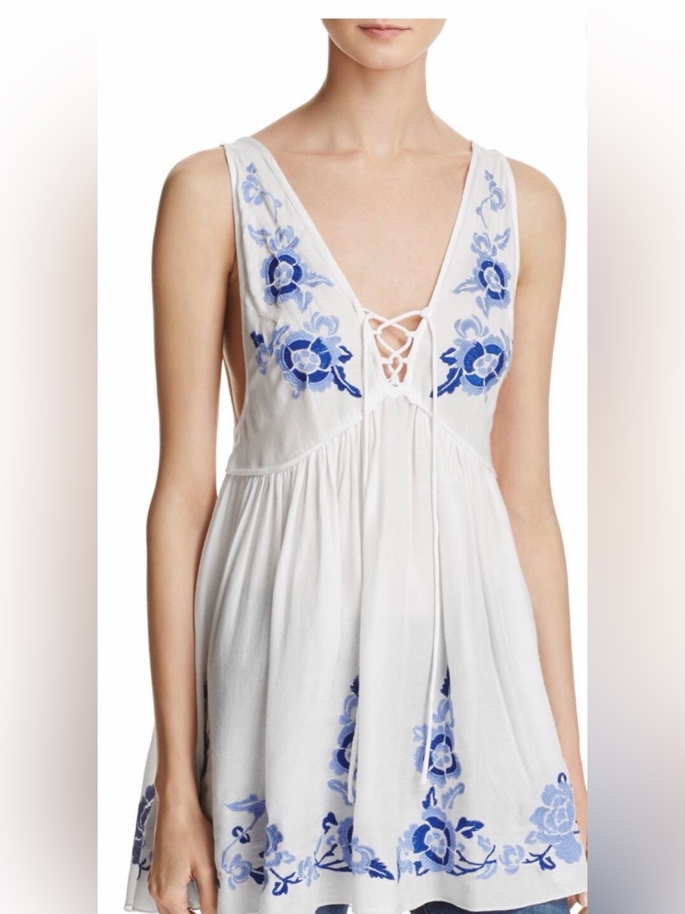Free People Ivory Blue Embroidered Boho Mini Dress Size L